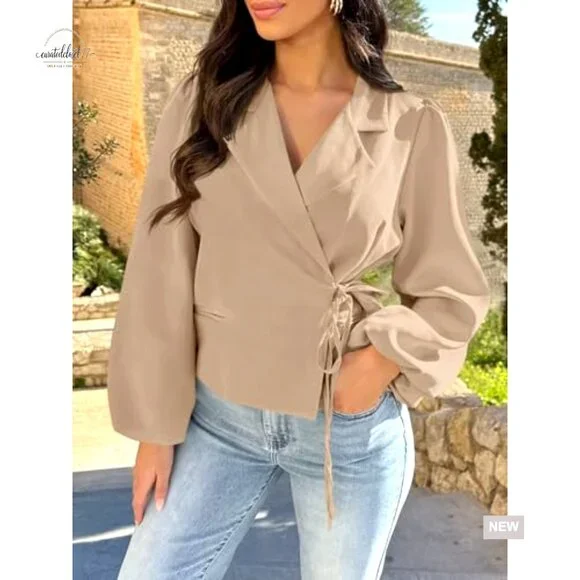 Puff Sleeve Cropped Blazer V Neck Wrap Trench Coat Office Casual - Picture 4 of 7